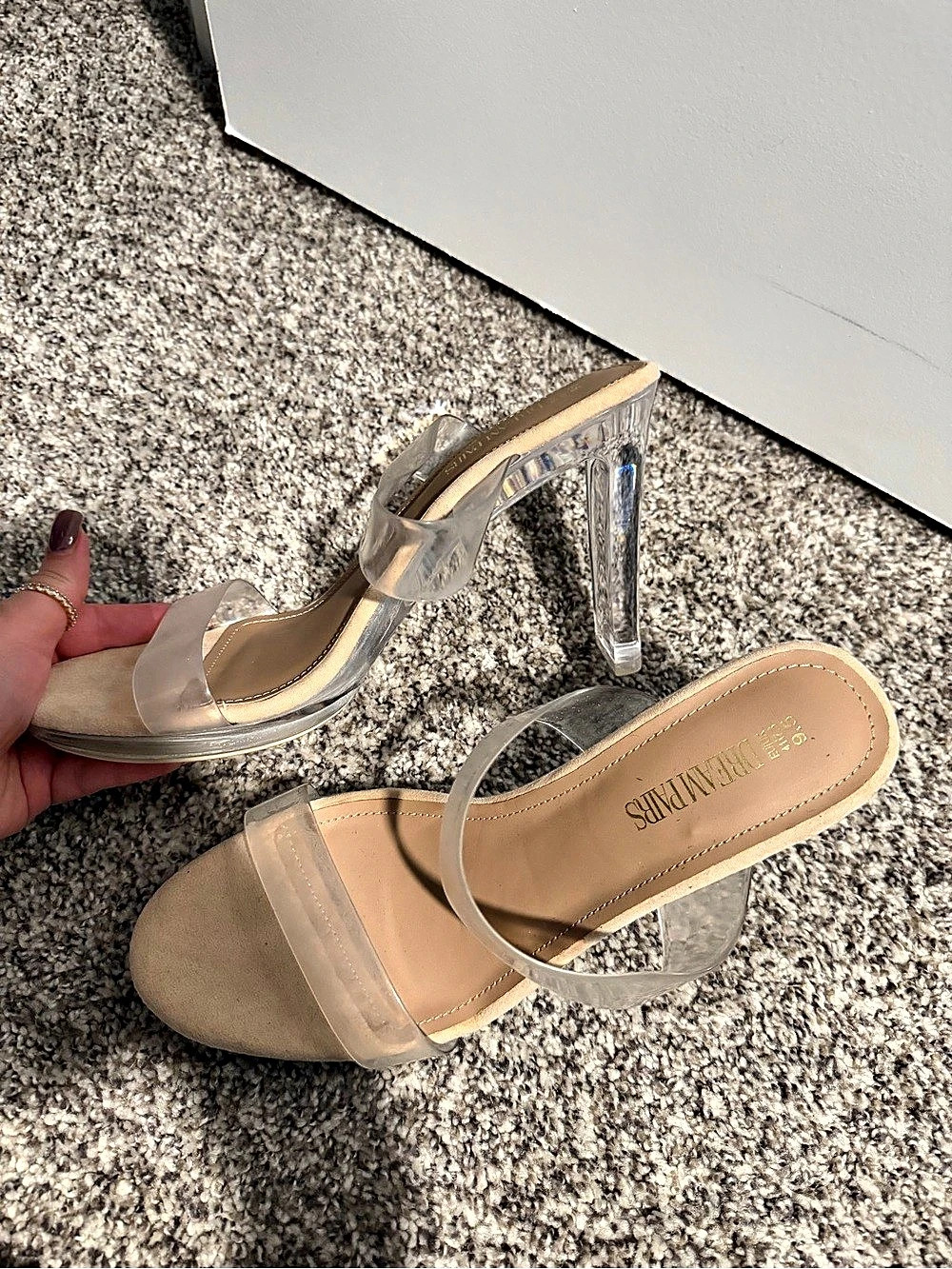 Stuart Weitzman Clear Strap Block Heel Sandals in Beige Like New